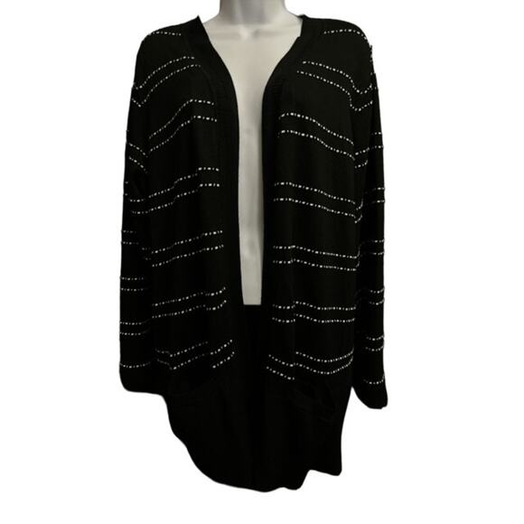 Tribekko 44 Open Cardigan 1X Sweater Cozy Black White Rayon Pockets Long Sleeves - Picture 1 of 5